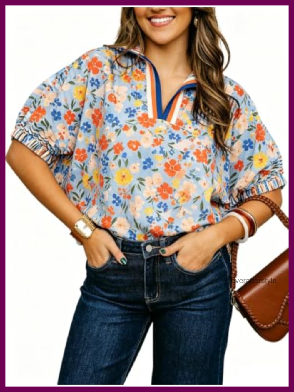 Women's Batwing Dolman Sleeve Top Loose Fit V-Neck Floral Blouse